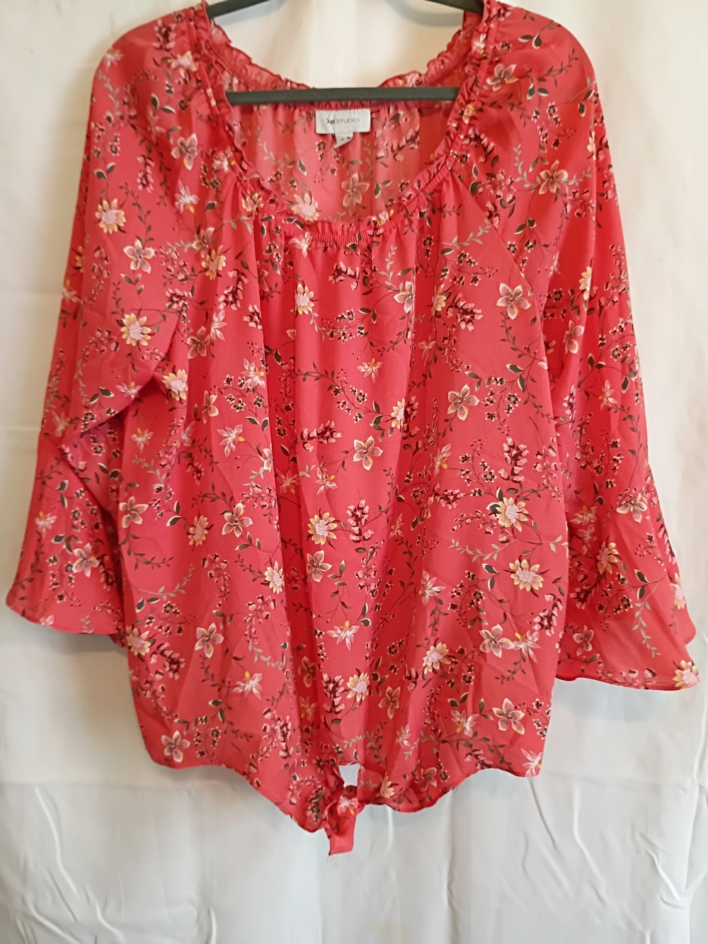 AB Studio Coral Size Xxl Floral Knot Tie-Front Peasant Blouse. - Picture 1 of 12